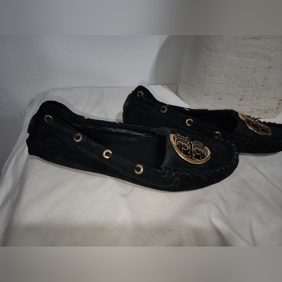 Tory Burch Alexandra Black Suede Leather Logo Driving Moccasin Slipper Sz 7.5 M - Picture 3 of 12